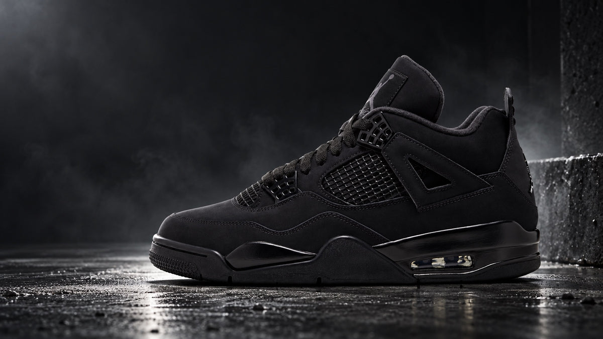Air Jordan 4 Black Cat on dark concrete