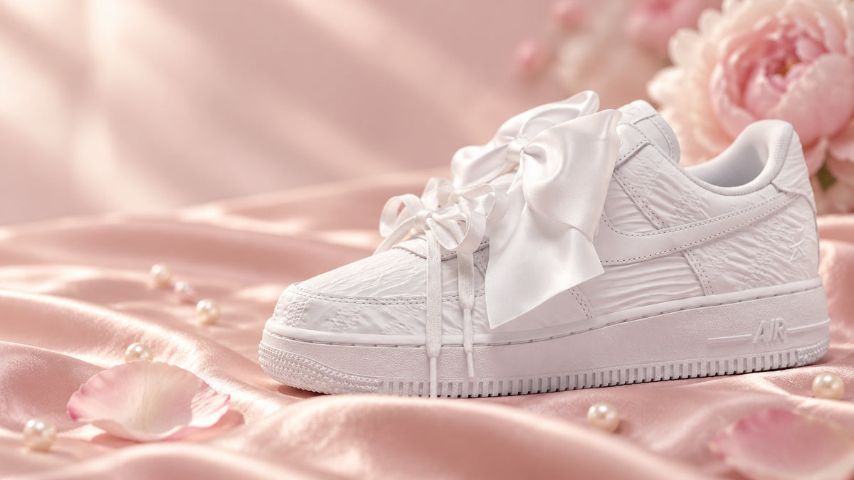 White Nike Air Force 1 with satin bow laces on blush pink satin with pearls