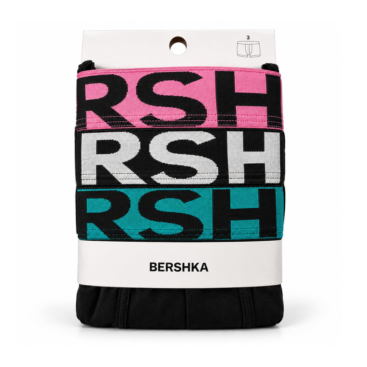 Bershka Trunks 3-Pack "Pink/Black/Teal" – front view